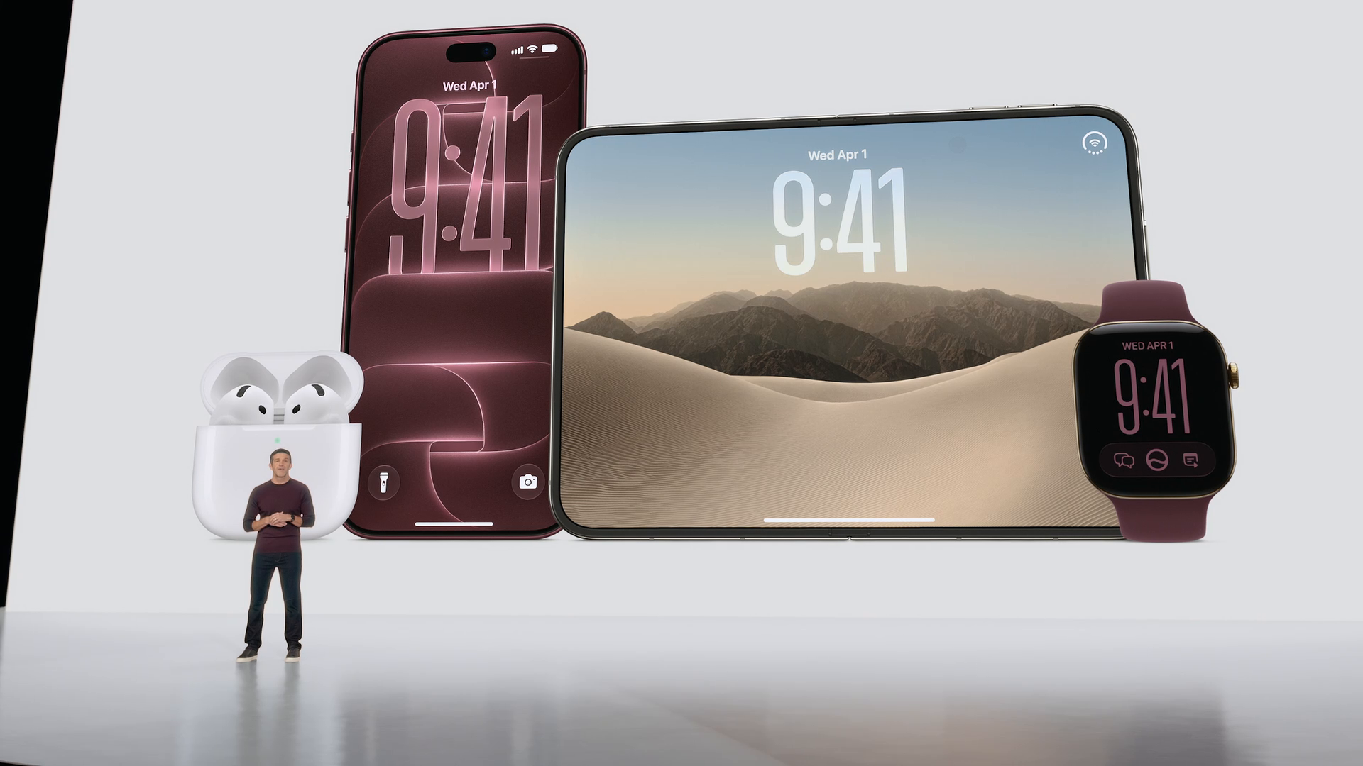 iPhone, Apple Watch и AirPods на экране в финале презентации Apple 9 сентября 2026 года