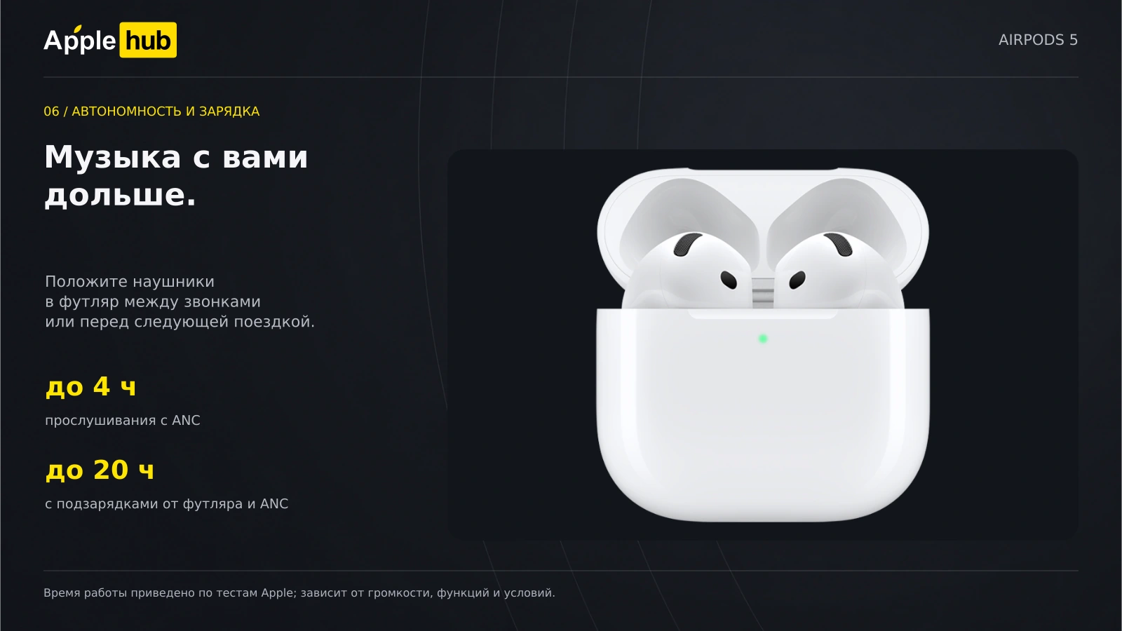 Apple AirPods 5 с футляром USB-C — Автономность и зарядка